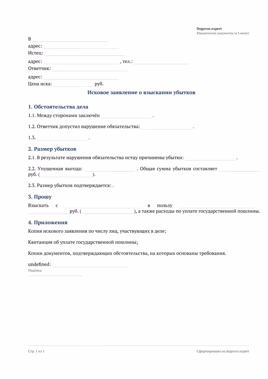 Пустой бланк «Исковое заявление о взыскании убытков», страница 1